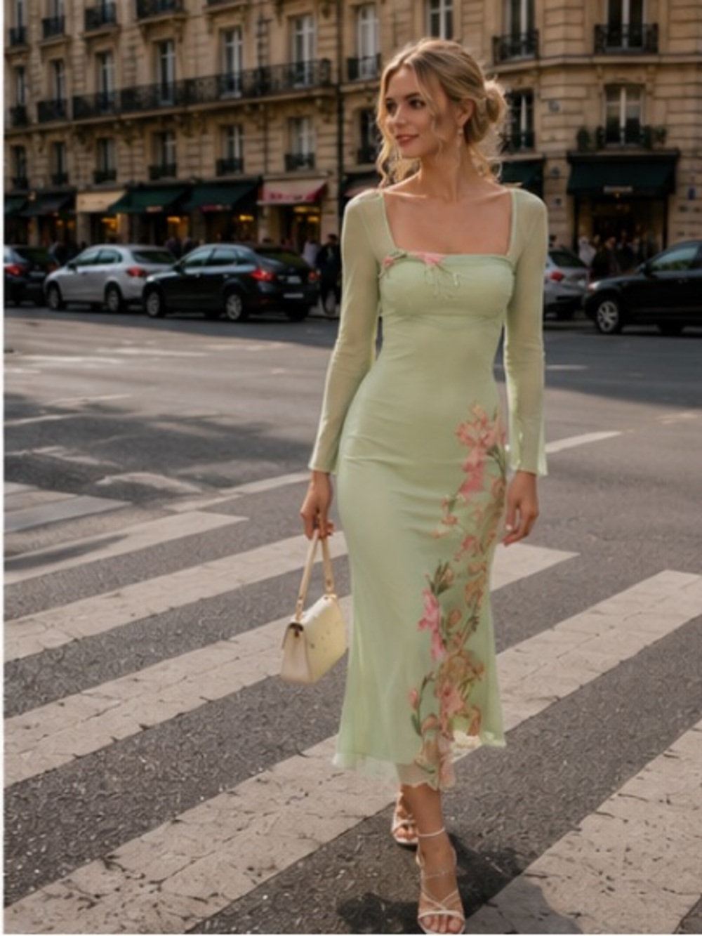 Elegant Mesh Green Floral Dress